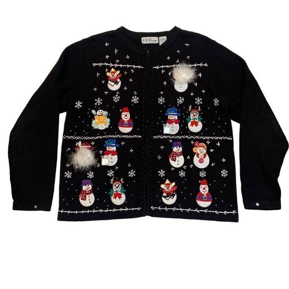 Vintage B.P. Design Christmas Sweater Front Zip Snowmen Long Sleeve Women Large - Picture 1 of 13